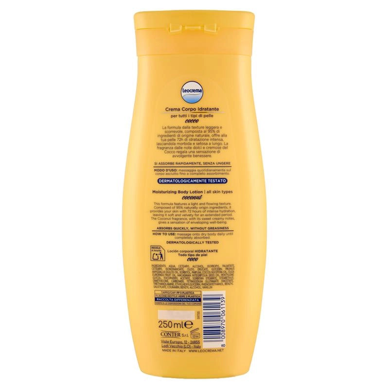 LEOCREMA CREMA CORPO IDRATANTE FLUIDA IDRATAZIONE INTENSA COCCO, ASSORBIMENTO RAPIDO 250ML