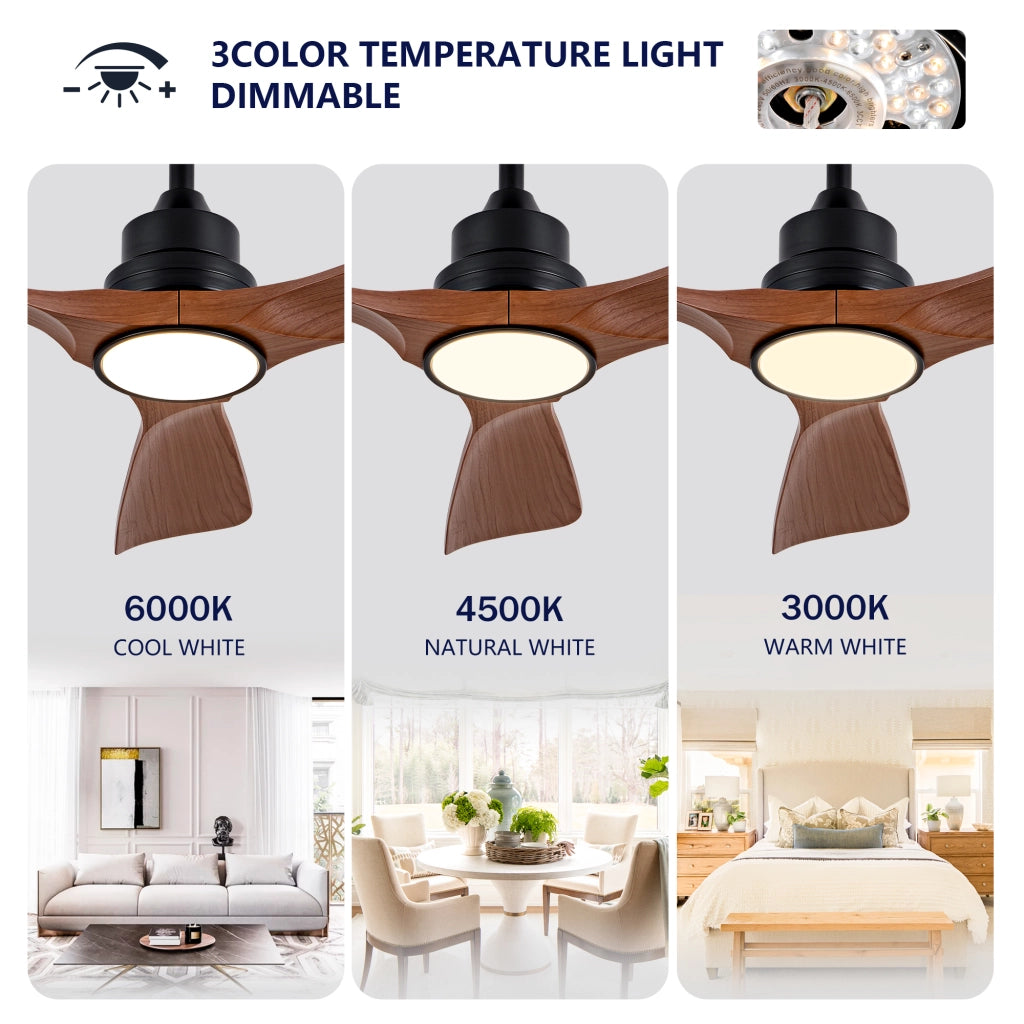 Ventilatore da soffitto con luce e telecomando, motore dc silenzioso, alette in abs nero e noce scuro