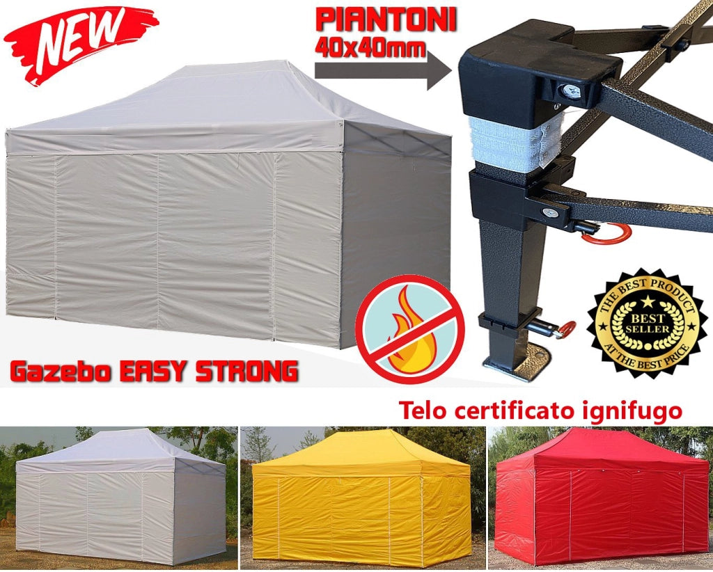 Gazebo 3x4,5m rosso certificato IGNIFUGO SENZA laterali pieghevole portatile estendibile richiudibile estensibile acciaio per fiere eventi stand chiosco tenda tendone mercato mercatino