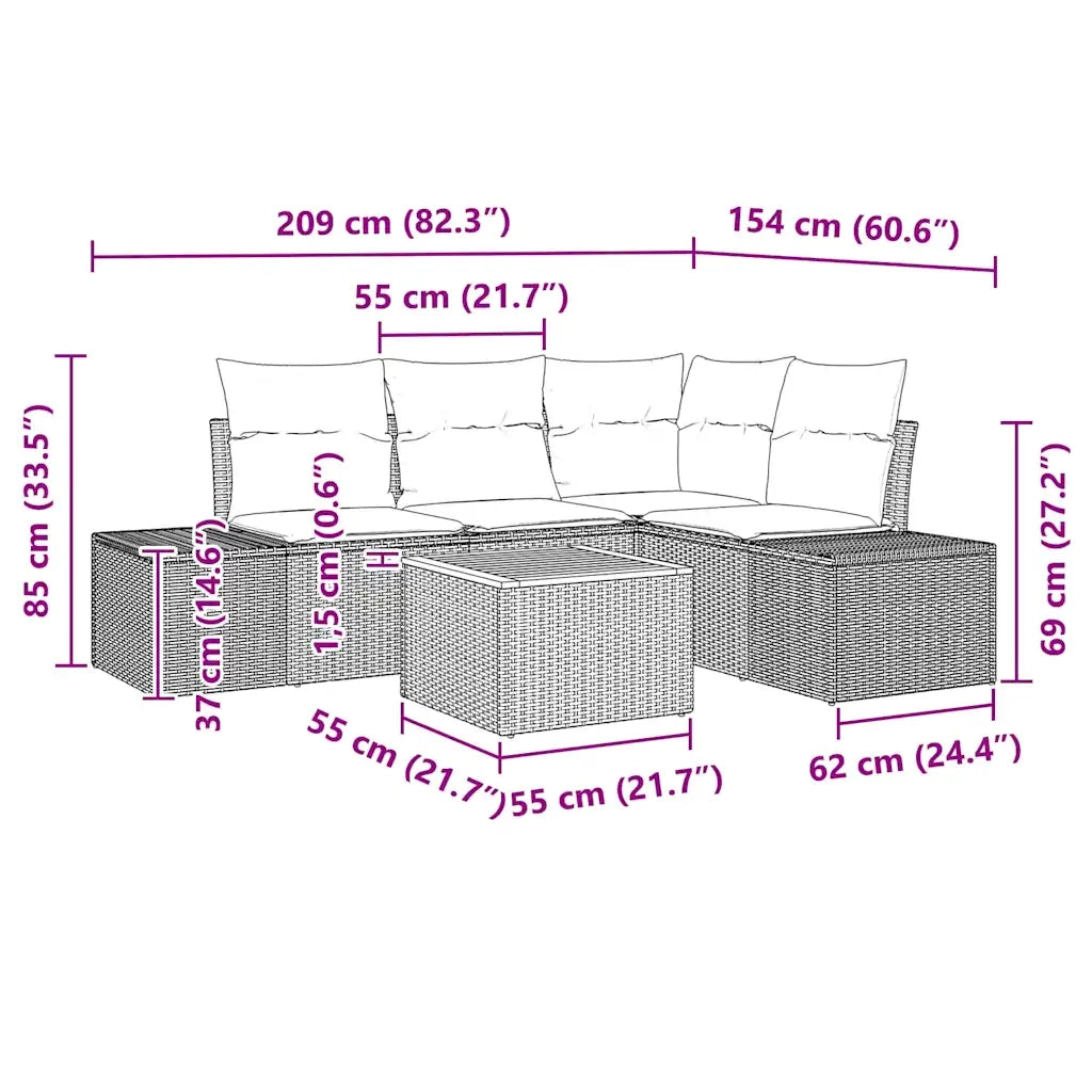 Set Divano da Giardino con cuscino 5 pcs Nero polyrattan 3347954