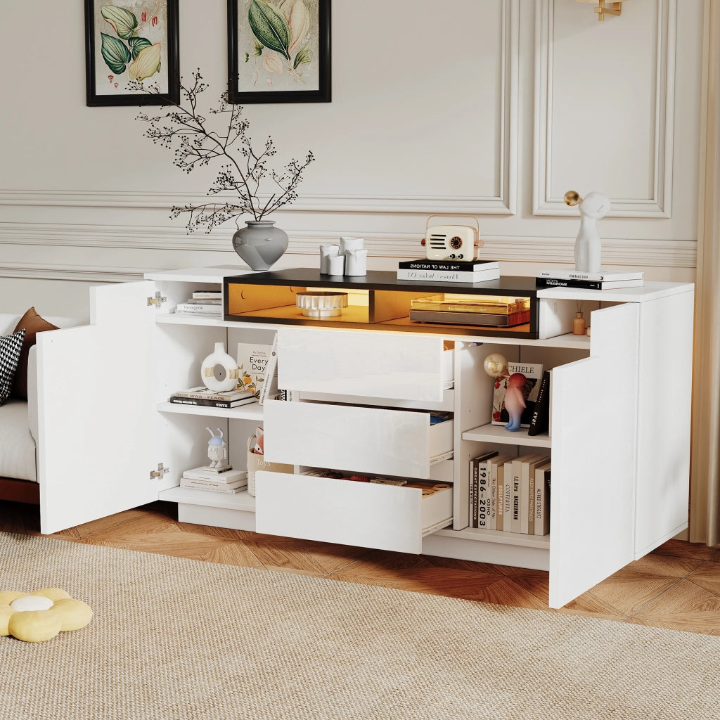 Credenza con 2 ante; 3 cassetti; 2 vani semiaperti; LED controllata da app; per soggiorno; 140 × 40 × 68 cm