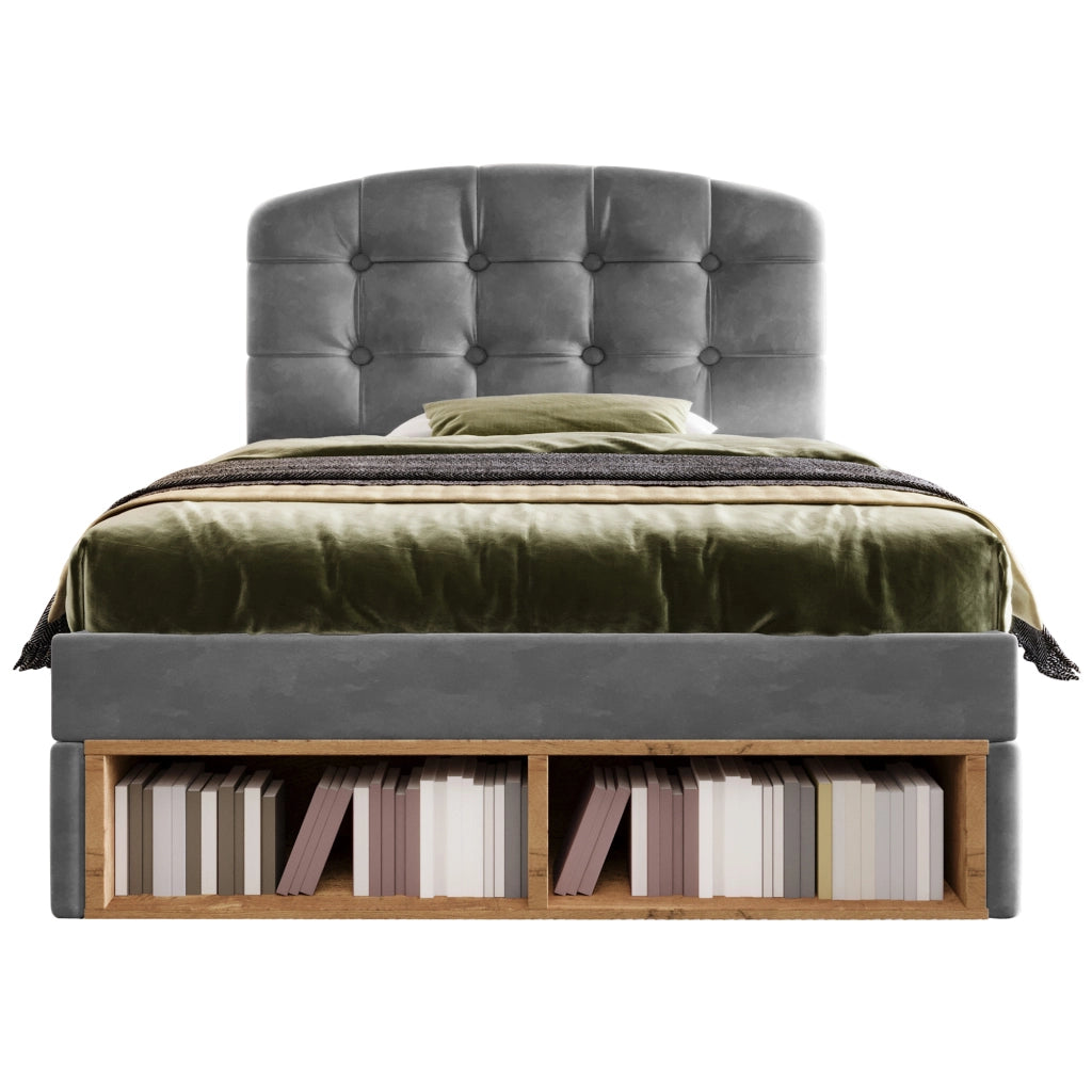 Letto Singolo Imbottito con Cassetti ¨C MINIMAL ¨C Velluto Grigio, 90x200, Testiera Regolabile