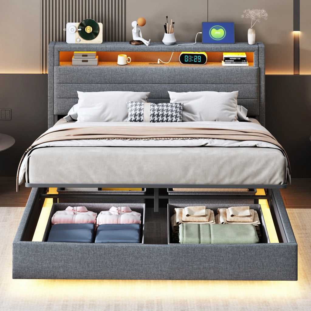 Letto matrimoniale imbottito fluttuante con contenitore idraulico; LED e porta USB; testiera girevole; lino grigio; 140x200 cm; senza materasso