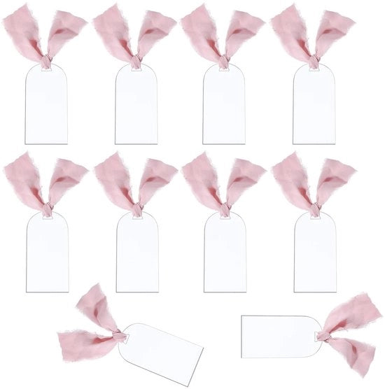 Etichette da Tavola Transparenti - 10 Pezzi - Acrilico - Etichette per Cadeau - Matrimonio/Cena - Organizzazione del Tavolo - Fiocchi di Lino Rosa Chiaro - 4,5 x 9 cm - Nome e Cognome