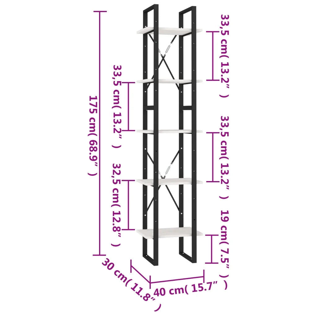 Libreria a 5 Ripiani-Scaffale per Libri-Mobile di Stoccaggio Bianca 40x30x175 cm in Legno di Pino