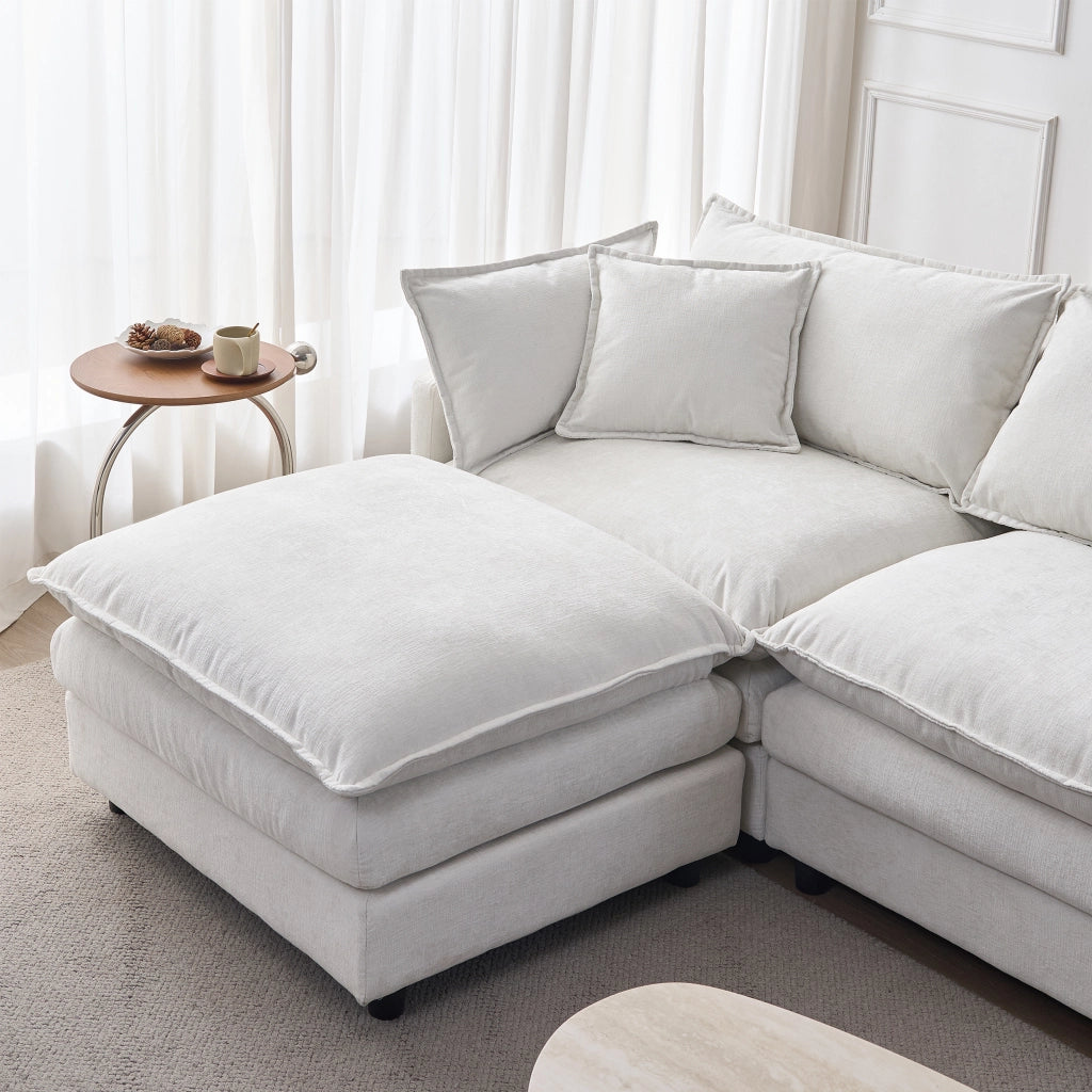 Divano angolare modulare 3 posti con pouf in Chenille Beige