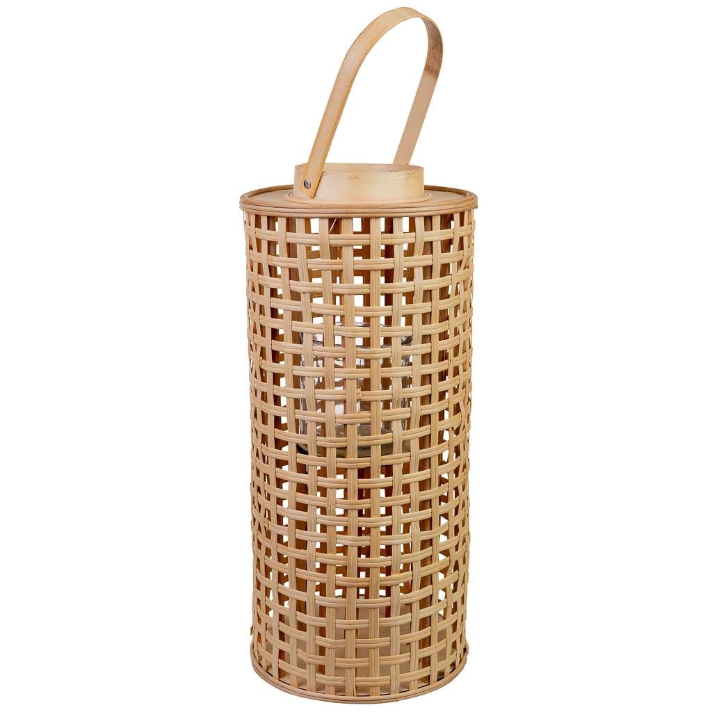 Lanterna bambù con contenitore vetro per candela D24x53,5h cm