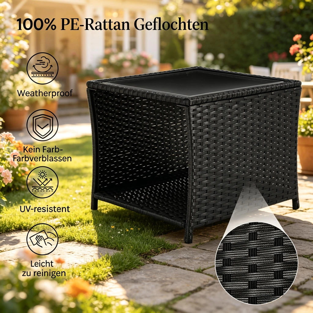 Tavolino da giardino in rattan; piccolo tavolino laterale; tavolo da patio con riposti; tavolino da caffè