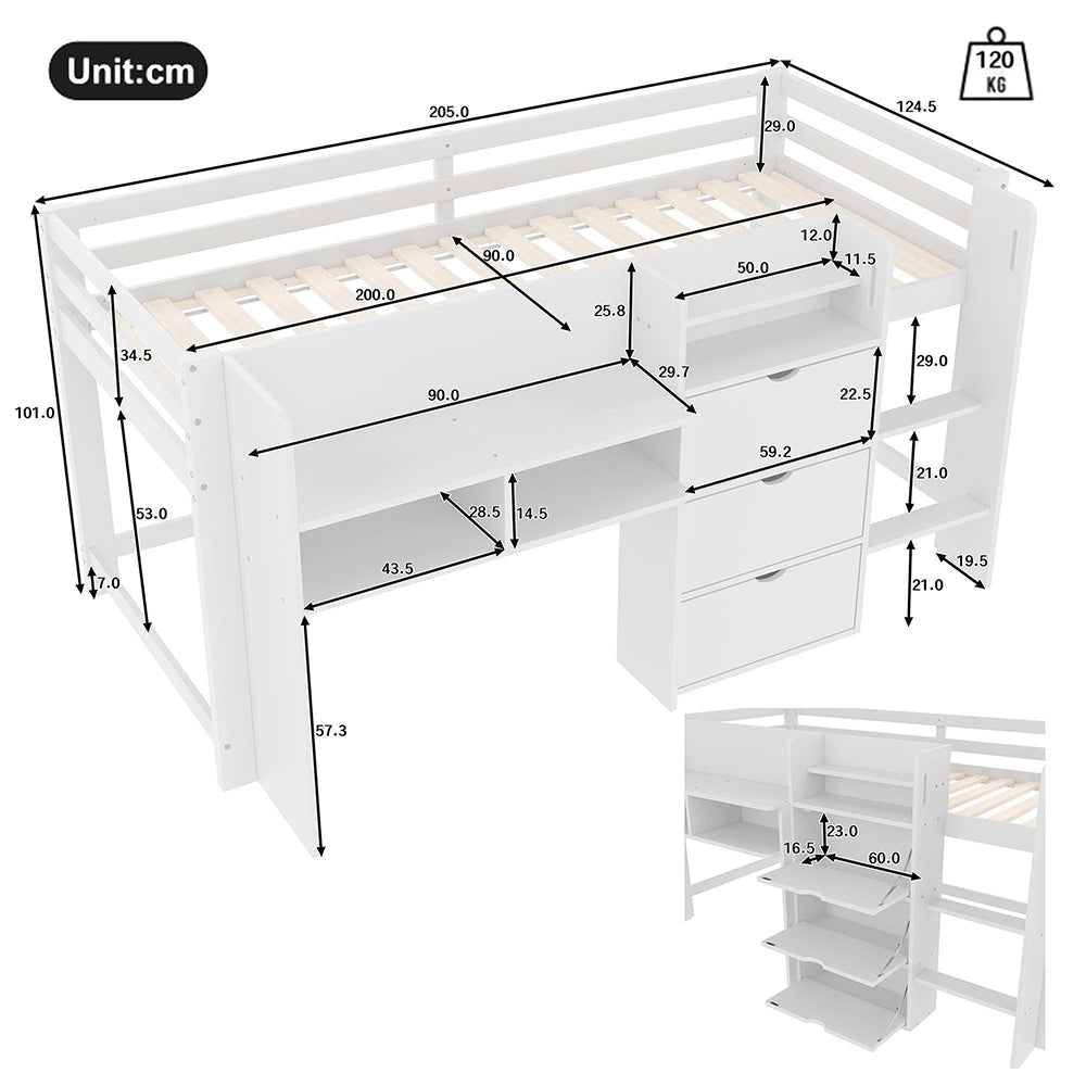 Letto mezzano - Xylo - 90x200 cm a casetta bianco
