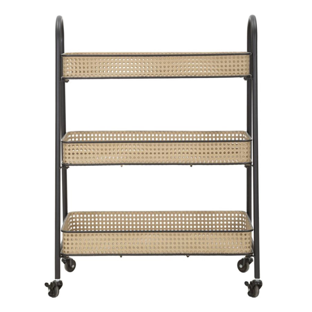 Carrello Fuji a 3 cesti in rattan e ferro nero su ruote — 60x30x80 cm
