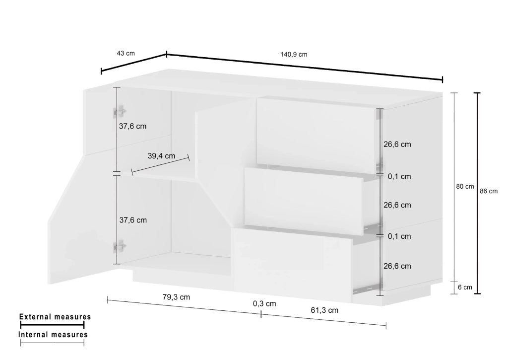 Credenza 140x43cm madia soggiorno cucina bianca 2 ante 3 cassetti Mira Wood