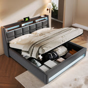 LETTO Imbottito 140x200 cm Grigio in lino con LED e USB