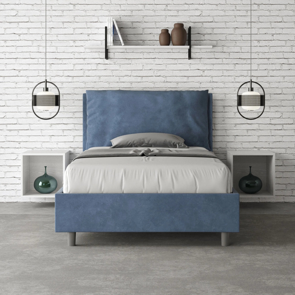 BS COM Letto una piazza e mezza senza rete imbottito 130x190 microfibra blu Large