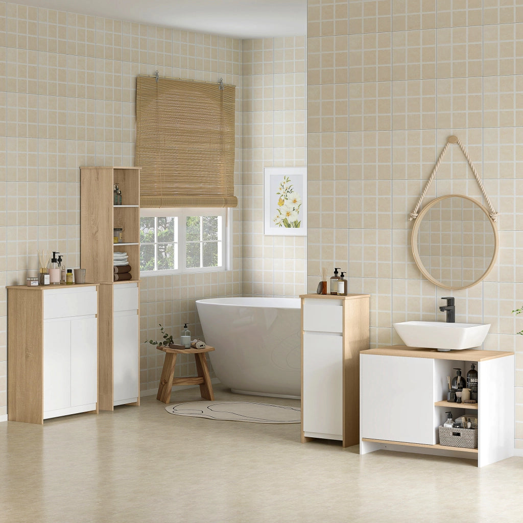 Armadietto Bagno con Cassetto e Anta ¨C Zephmum ¨C 32.6x30x90 cm Bianco e Naturale