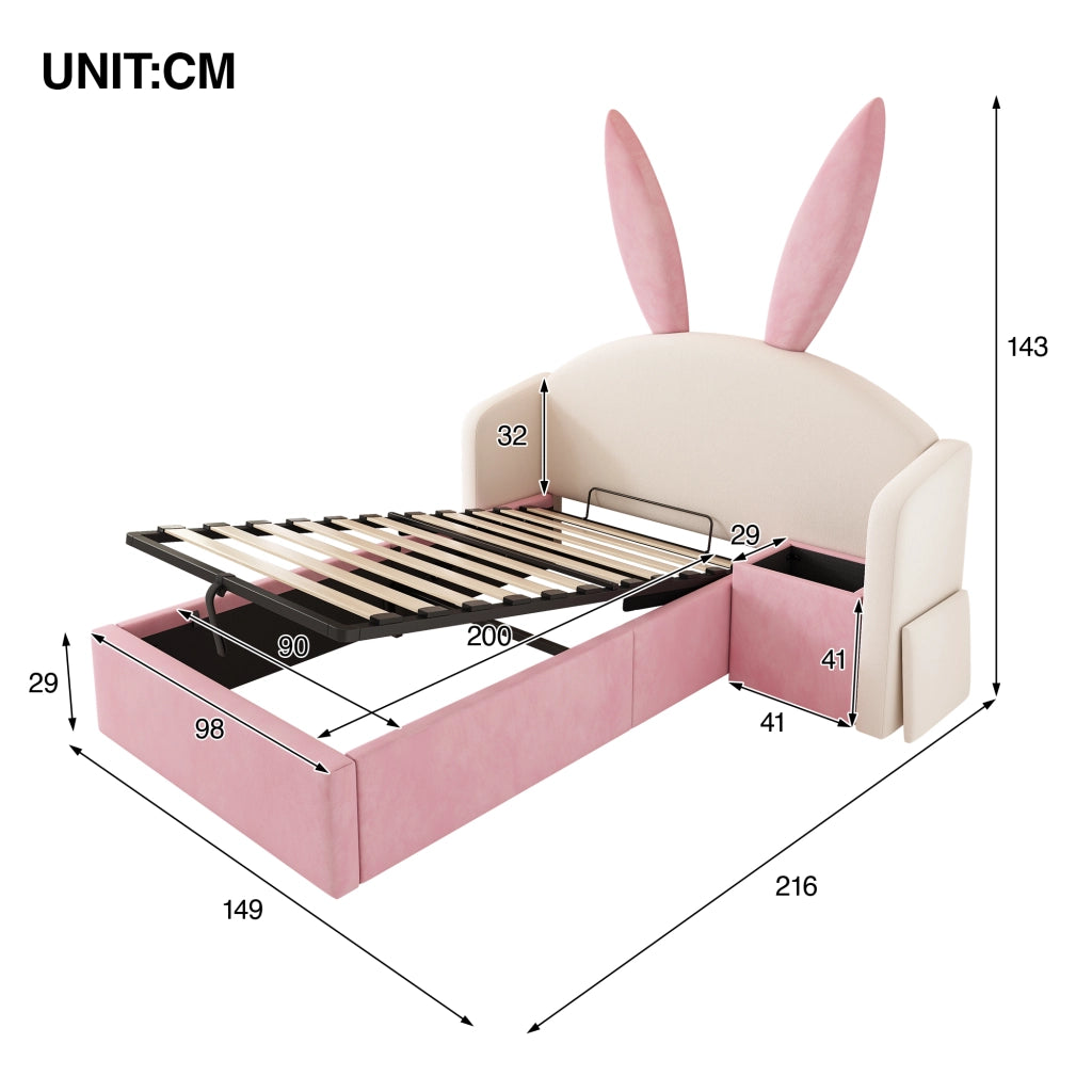 Letto Contenitore per Bambini 90 x 200 cm con Comodino e Orecchie - Beige e Rosa