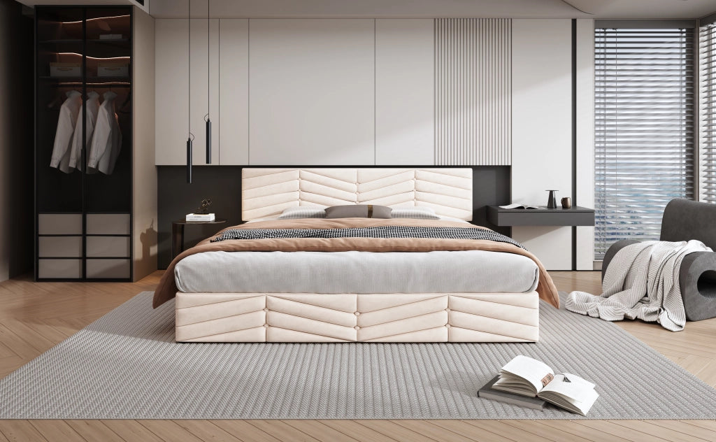 DESMIU Letto Contenitore Letto Matrimoniale con Testiera Regolabile, Vano Idraulico, 160 × 200 cm, senza materasso, Beige