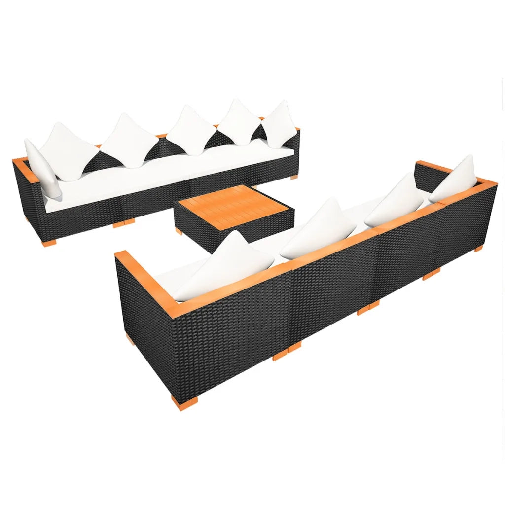 Set Divani da Giardino 9 pz con Cuscini in Polyrattan Nero 42752