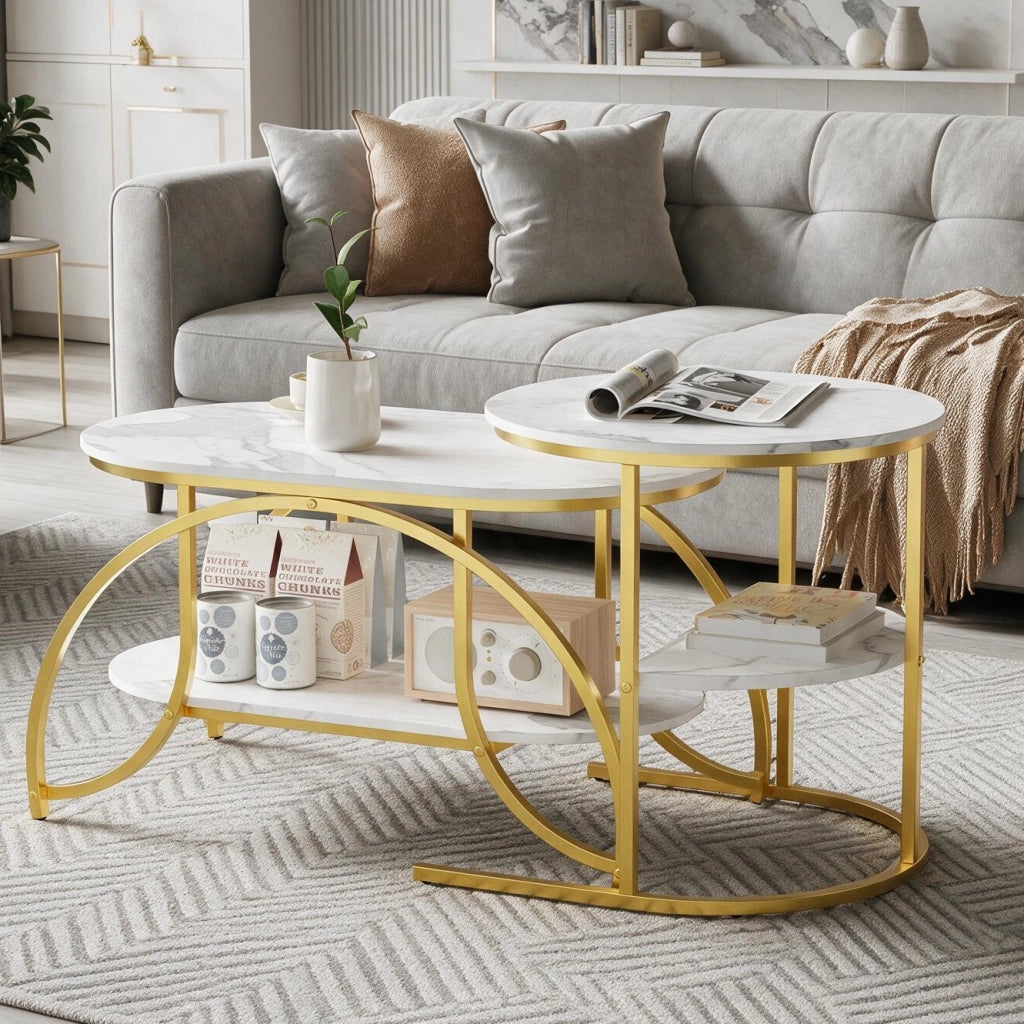 Tavolini da salotto set 2 pezzi 80x46x45 cm con contenitore pieghevoli da divano effetto marmo metallo - oro