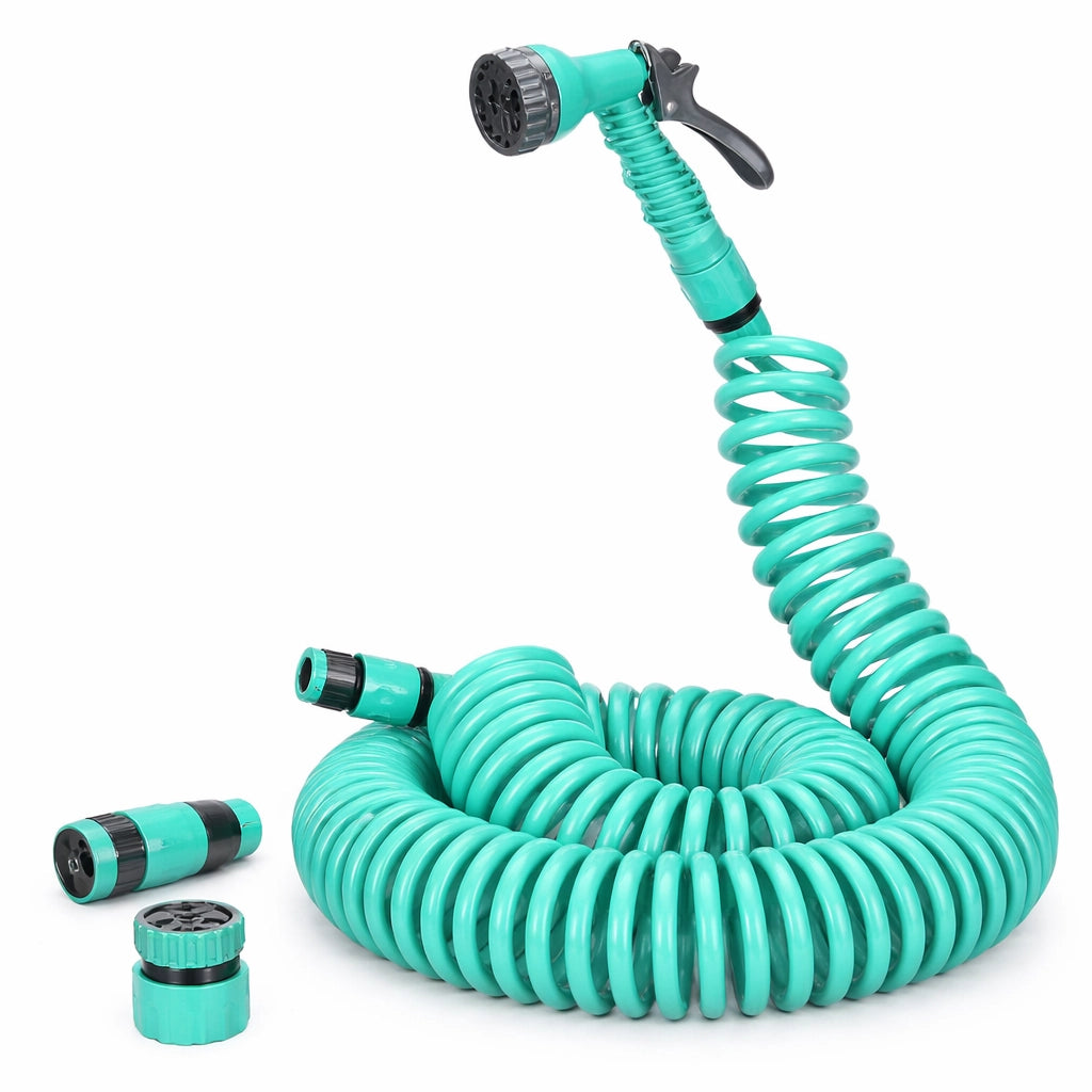 Tubo Estensibile 15MT a Molla Pvc con Doccetta 8 Funzioni Irrigazione Giardino