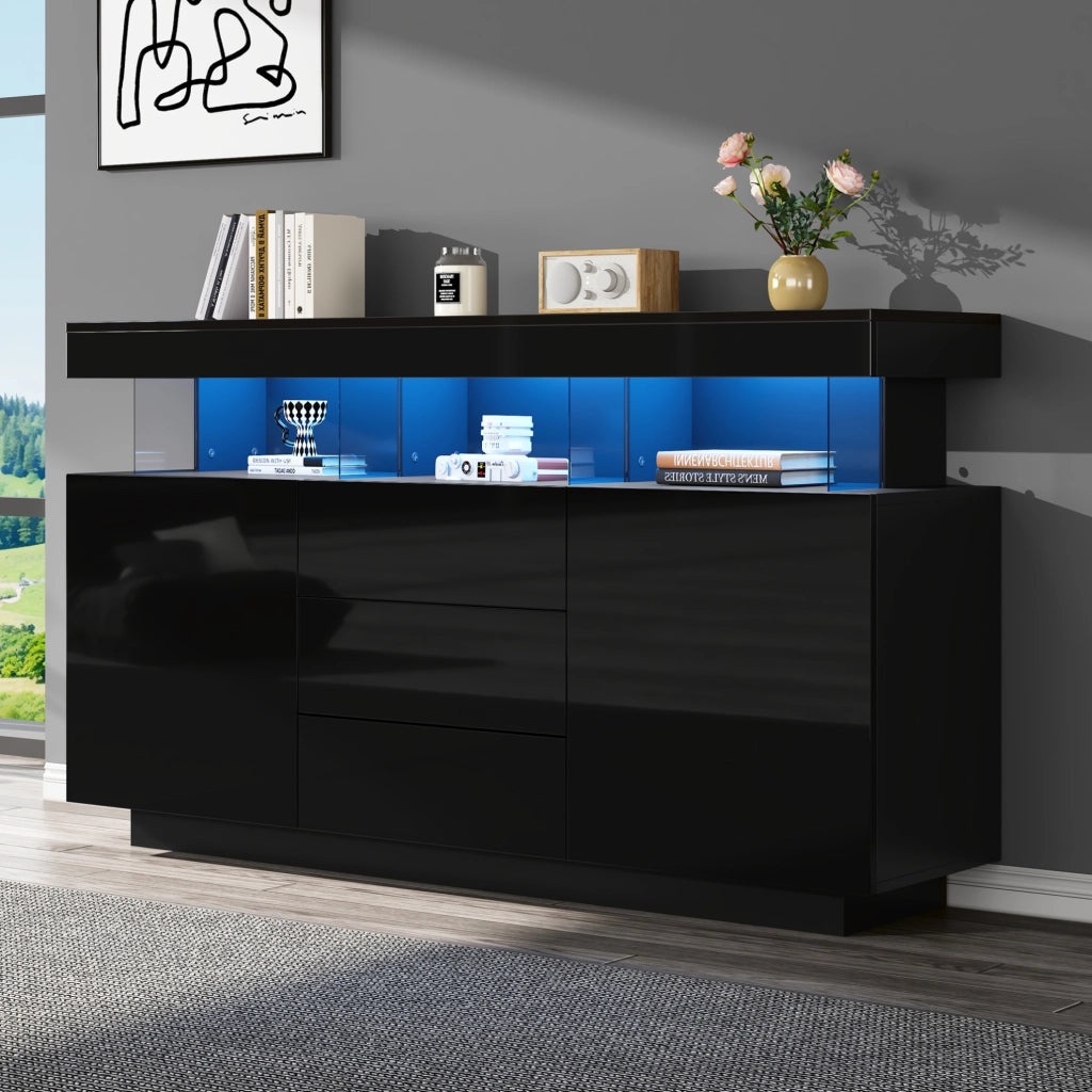 Credenza moderna lucida 140 x 35 x 80 cm con LED; 3 cassetti e 2 ante; nero