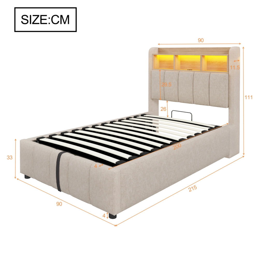 Letto imbottito con LED; USB e porta Type-C 90x200 cm in tessuto effetto lino beige
