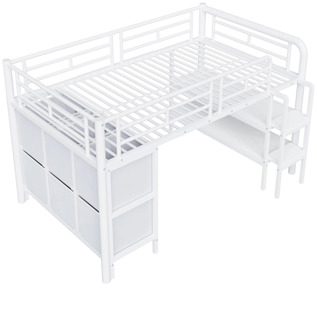 Letto a soppalco per bambini 90×200 cm 1 posto con cassetti e mensole; senza materasso; in metallo e MDF; bianco