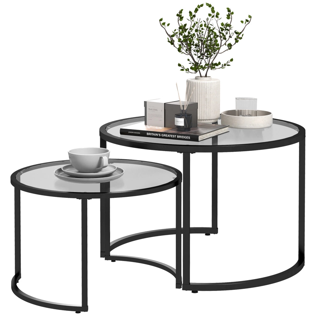 Tavolino da caff¨¨ sovrapponibile in vetro e acciaio ¨C Minimal ¨C Nero, ?70x47.5 cm e ?54x42.5 cm