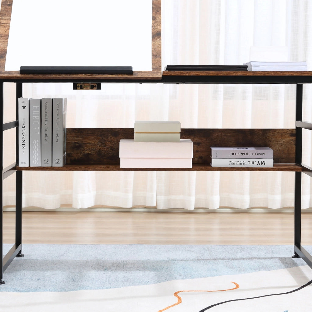 Tavolo da disegno inclinabile ¨C zephmum ¨C design industriale, piano regolabile, ripiano, effetto legno vecchio, metallo nero