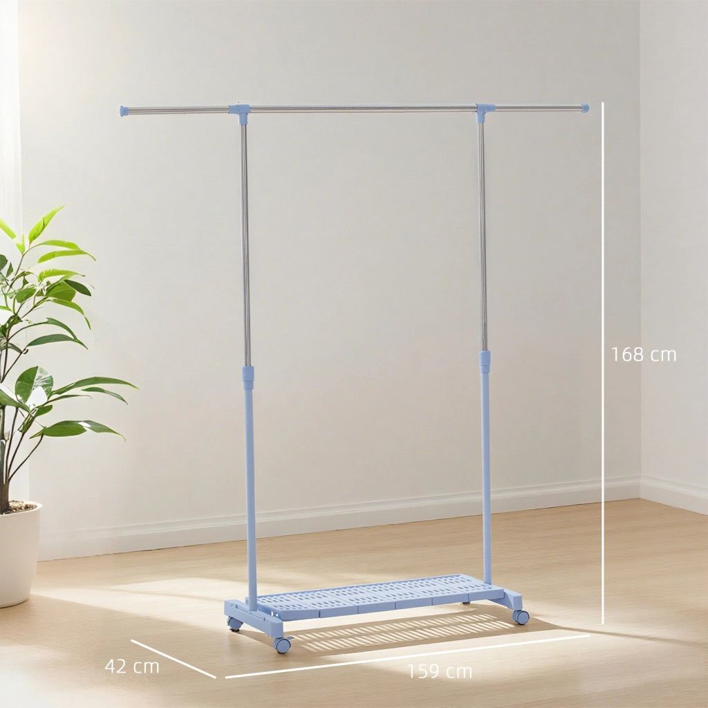Appendiabiti Estensibile con Ruote e Ripiano per Scarpe ¨C Zephmum ¨C 159x42x168 cm Blu e Argento