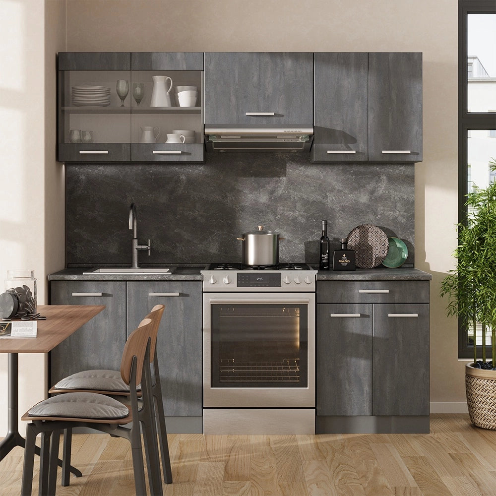 Mobile da cucina R-Line Calce nera/Antracite 200 cm PL Marmo Vicco