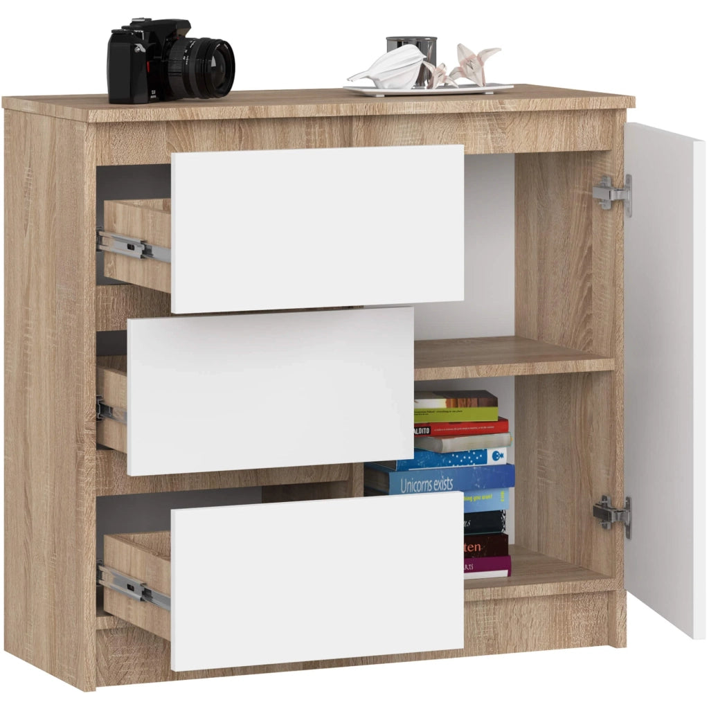 Cassettiera AKORD JERRY Cassettiera Sonoma Quercia 80 cm 1 anta 3 cassetti inserto frontale Bianco 80x35x77 cm