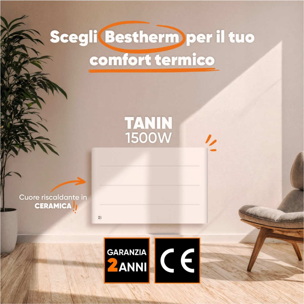 Radiatore elettrico fisso ad inerzia ceramica a secco 1500W TANIN orizzontale bianco
