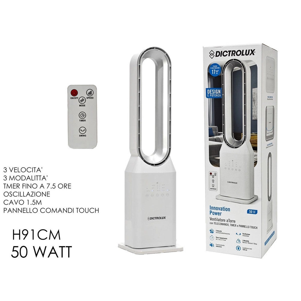 Trade Shop - Ventilatore A Torre 91cm 50w Bianco Senza Pale Silenzioso Oscillante Digitale Telecomando -