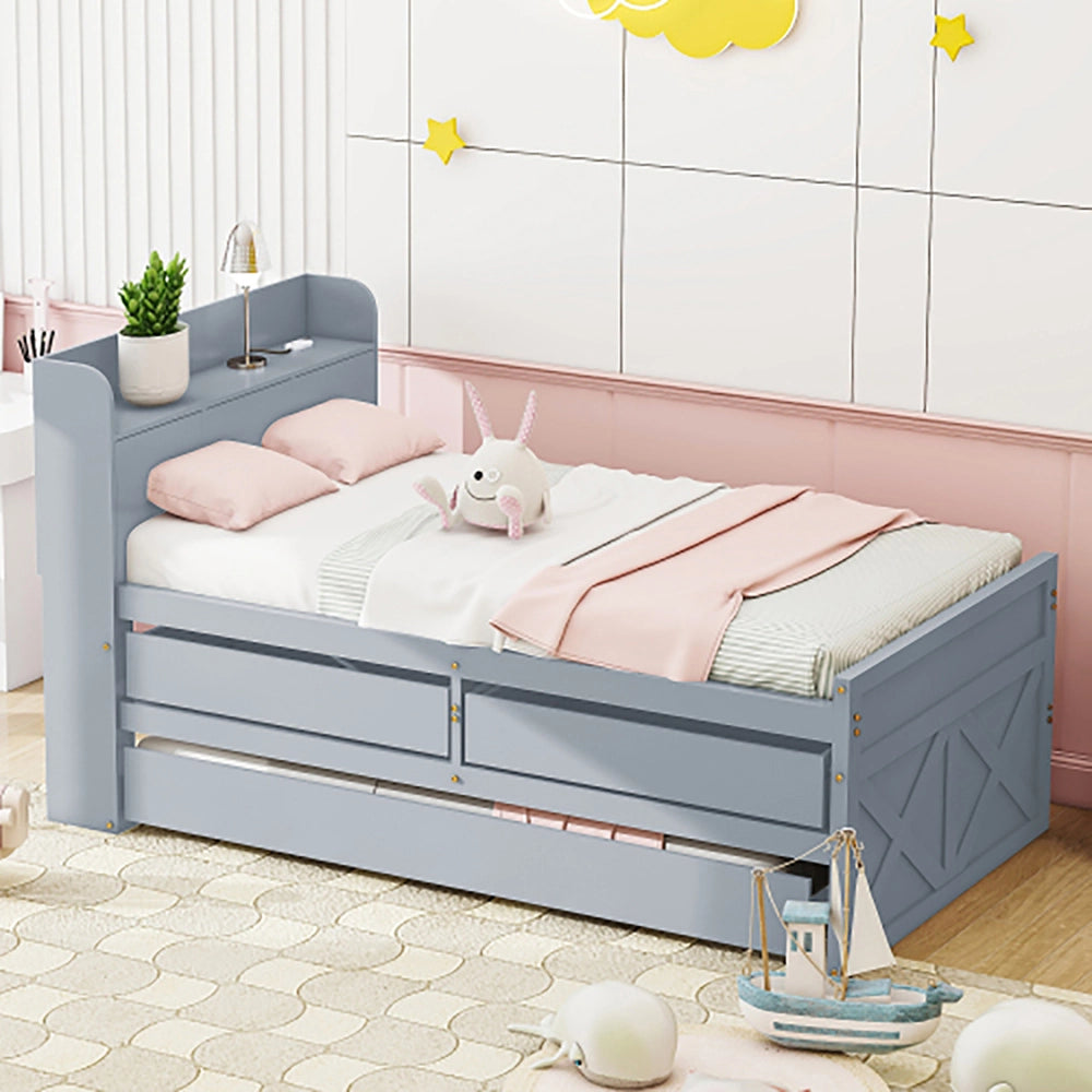 Letto singolo in legno massello di pino - Xylo - 90x190 - Grigio - 2 cassetti e USB