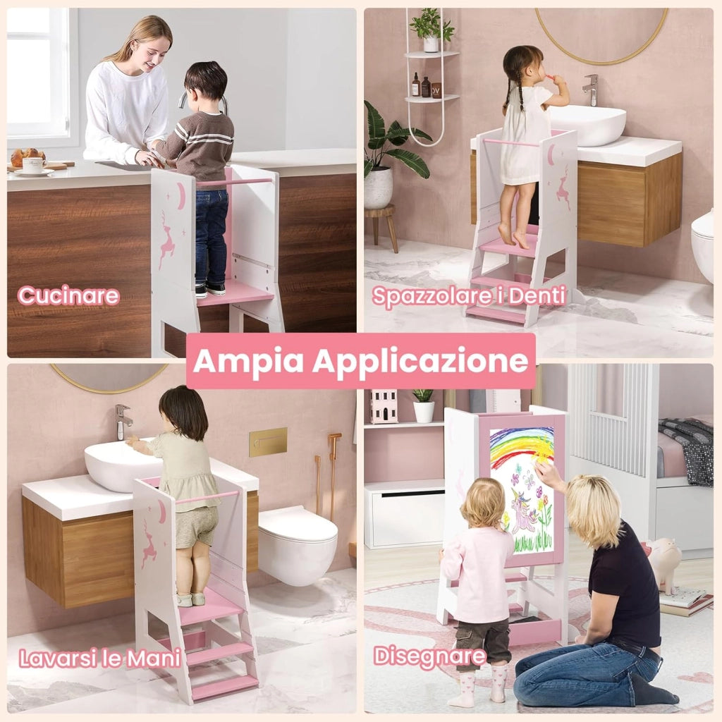 Torre per Bambini 2 in 1, Sgabello da Cucina per Bambini con Lavagna, Piattaforma e Gradino Regolabili, per Bambini da 1 a 7 Anni, Capacità di Carico 70 kg (Rosa)