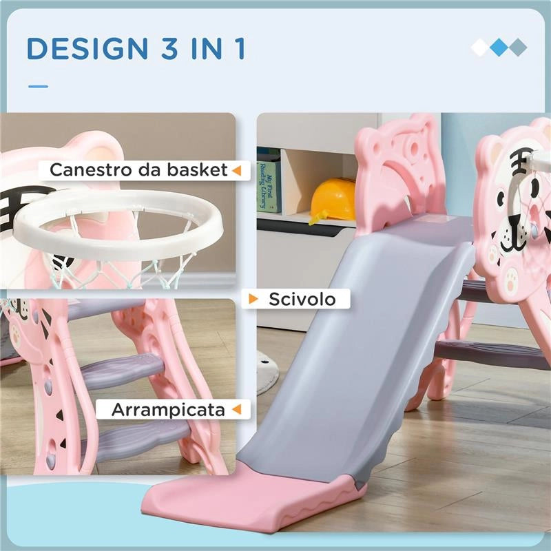 SCIVOLO PER BAMBINI 18-36 MESI CON CANESTRO DA BASKET LATERALE IN PLASTICA, 133X60X70 CM ROSA E GRIGIO