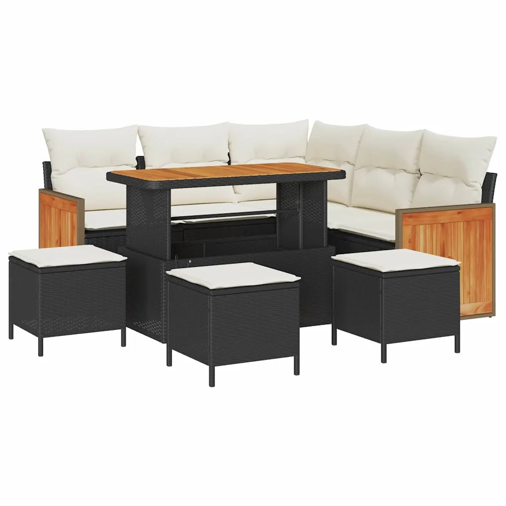 Set Divano da Giardino 9 pcs Nero e Crema polyrattan