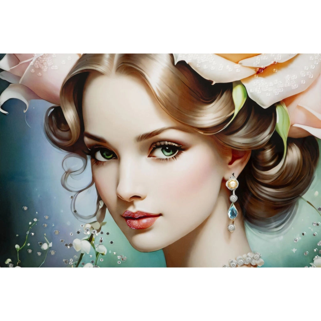 Dipinto su tela Fantasy B ritratto romantico con rose, 72x102 cm