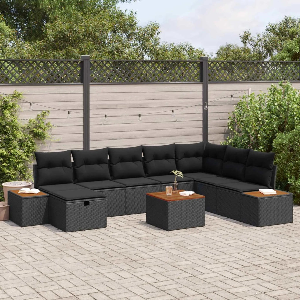 Set Divano da Giardino con cuscino 9 pcs Nero Poly Rattan
