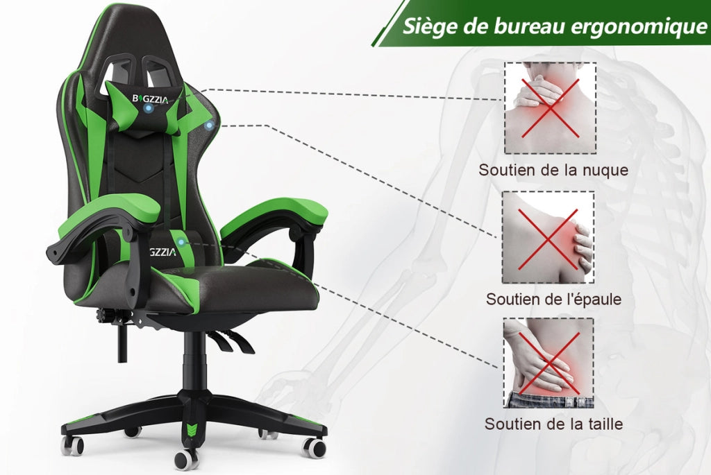 Sedia da gioco,  Sedia da gioco ergonomica, altezza regolabile, schienale reclinabile, braccioli e poggiatesta, nero-verde