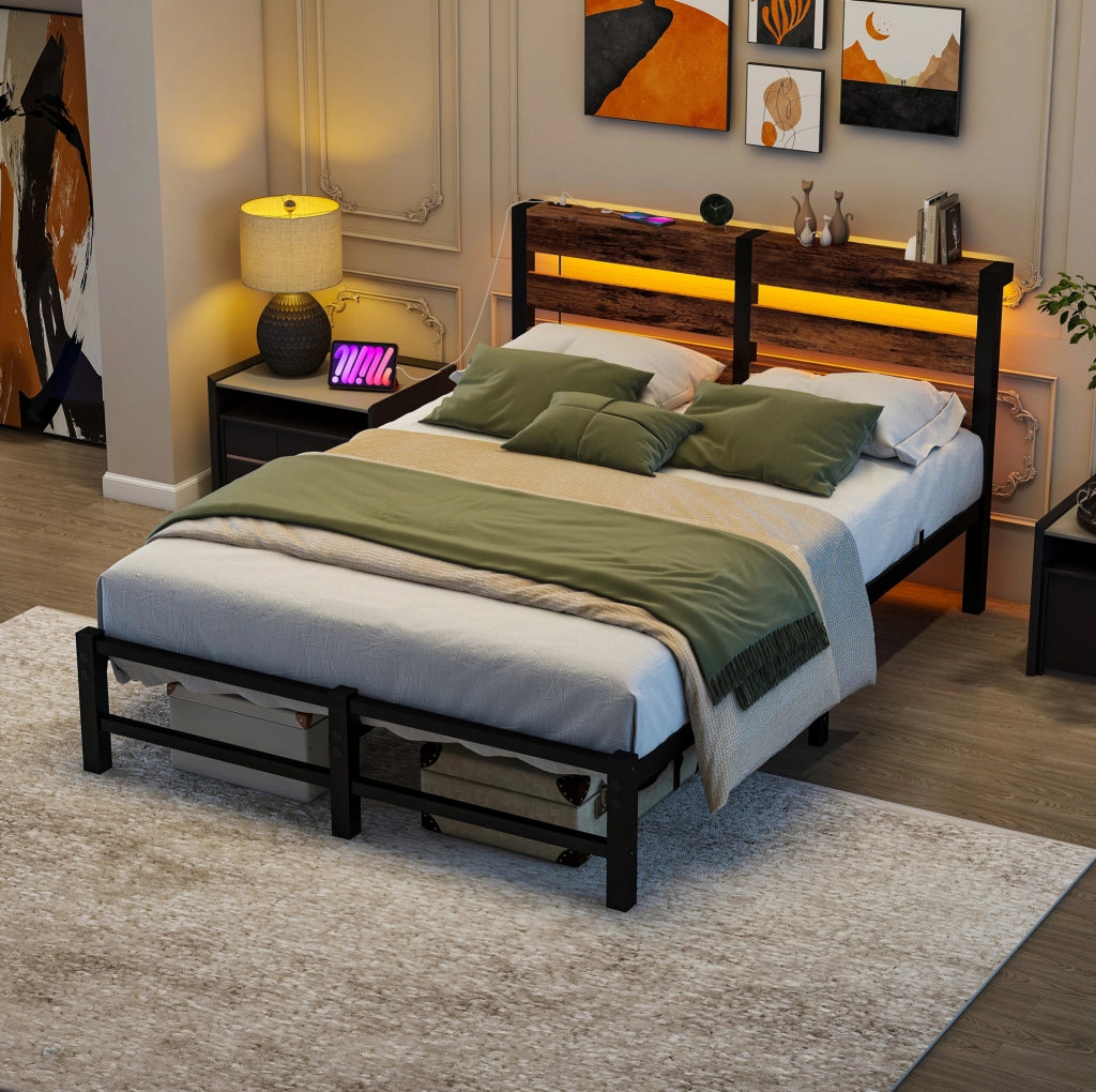 Letto in metallo 120x200 con LED RGB, USB e spazio contenitivo