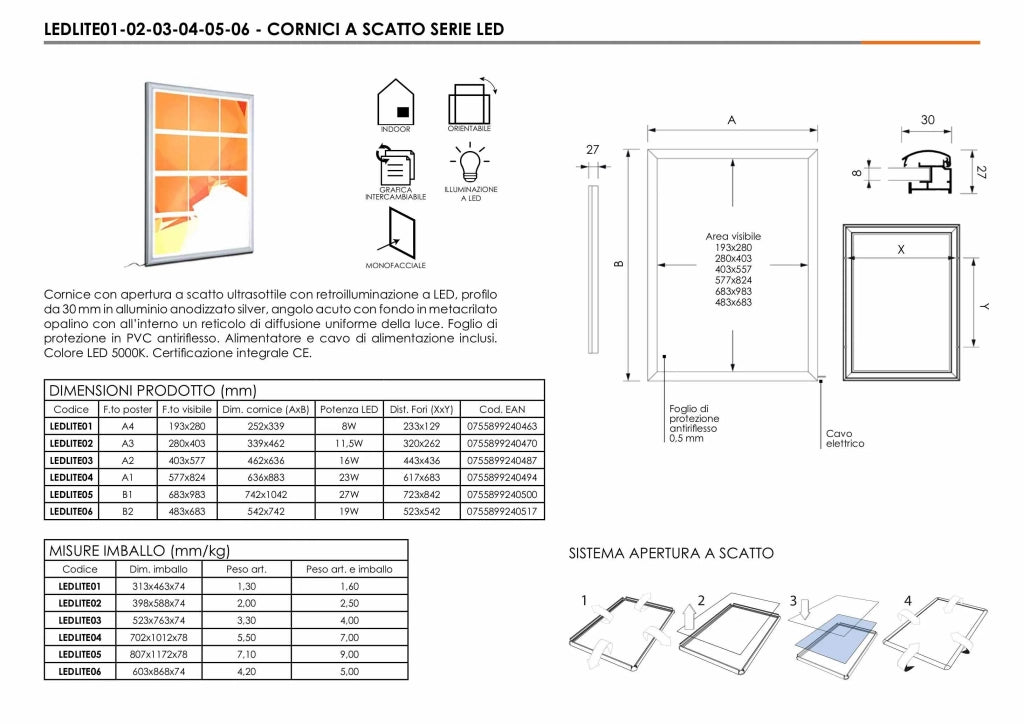 Cornice a scatto Retroilluminata LED 50 x 70