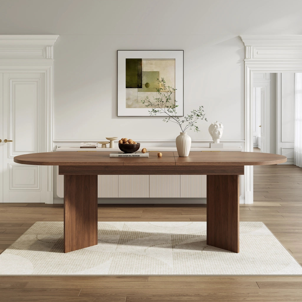 Tavolo da pranzo allungabile con piano spesso e angoli arrotondati per 6-8 persone in sala da pranzo; noce; 200×90×75 cm