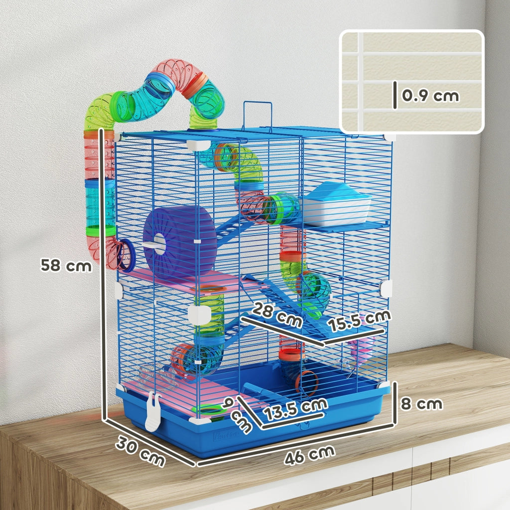 Gabbia per Criceti a 5 Piani 46x30x58 cm con Tubi Colorati e Accessori in Metallo Blu