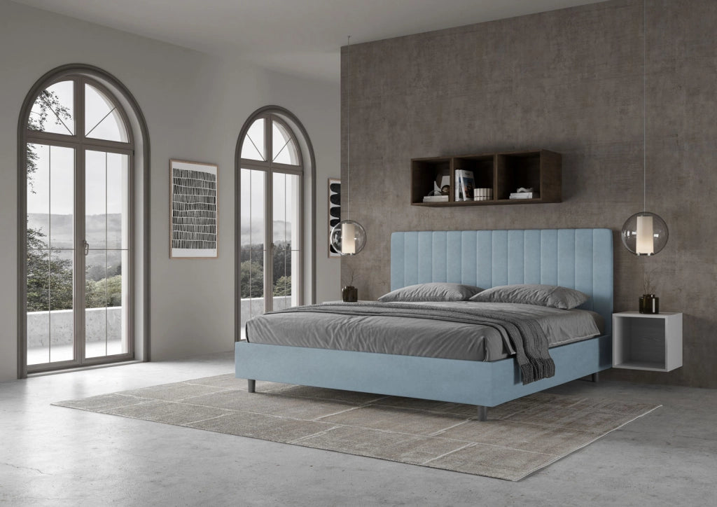 BS COM Letto matrimoniale king size contenitore imbottito 200x210 microfibra azzurro