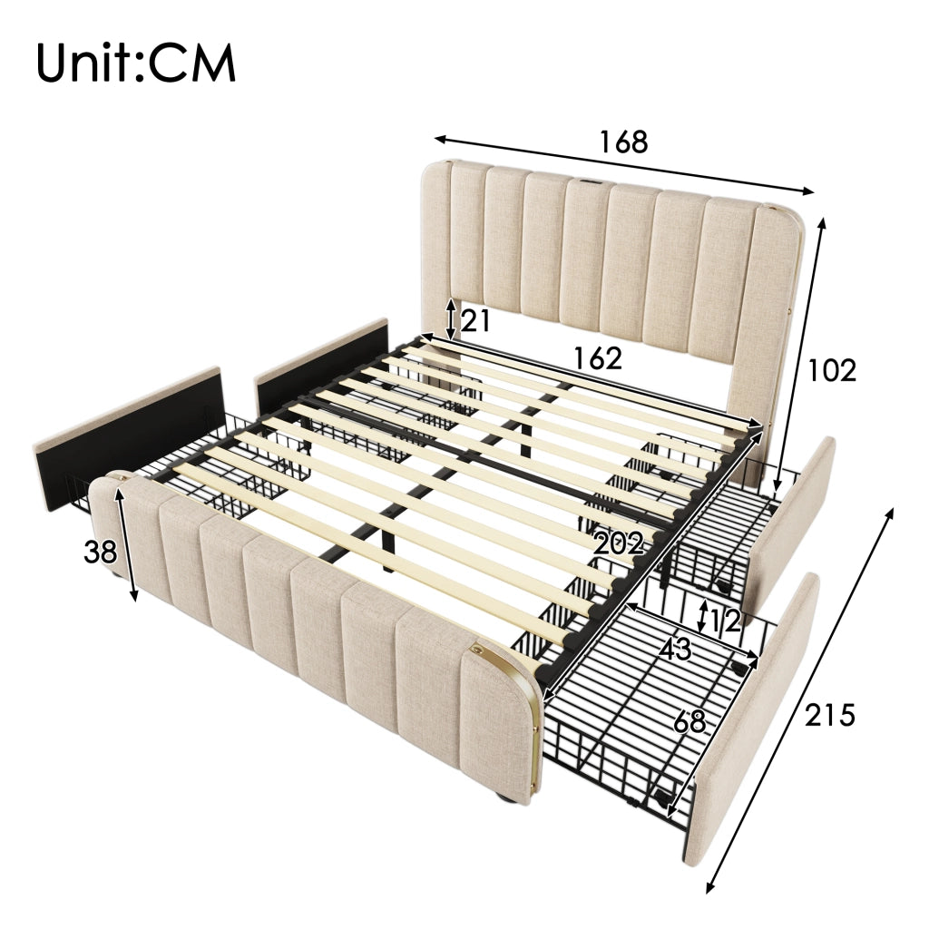 Letto contenitore matrimoniale 160×200 cm con 4 cassetti; USB Type-C e testiera imbottita; materasso incluso; beige