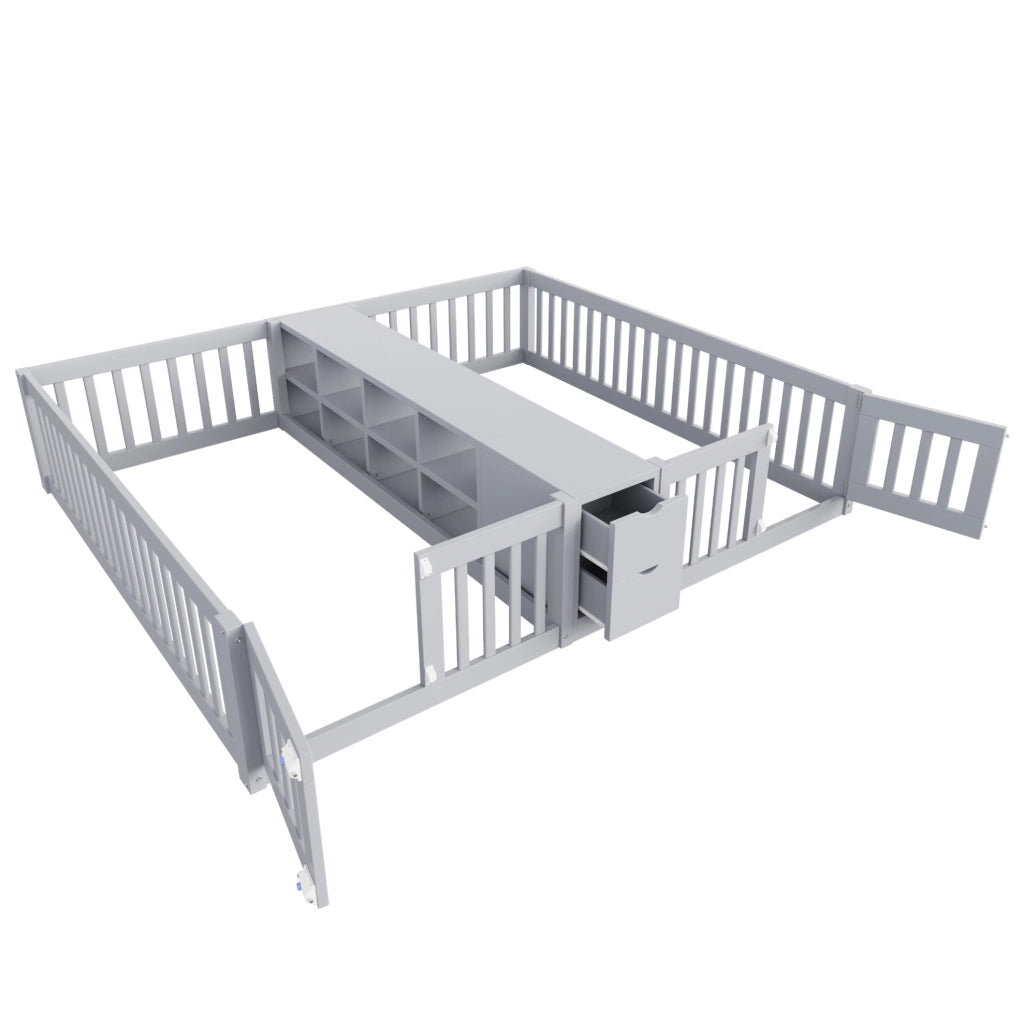 Letto multifunzione per bambini 90x200 cm con 2 posti, cassetti e libreria grigio