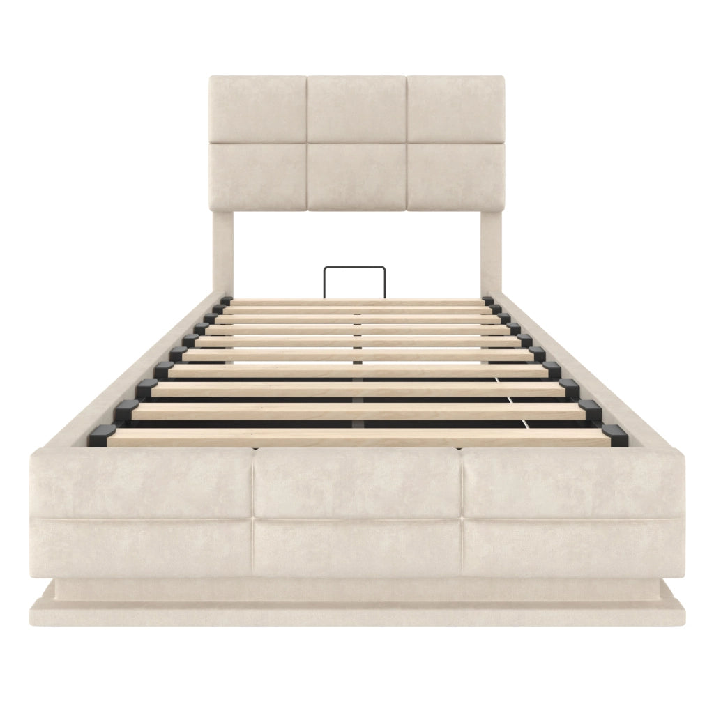 Letto imbottito moderno 90x200 cm in velluto beige con testiera regolabile; LED e USB