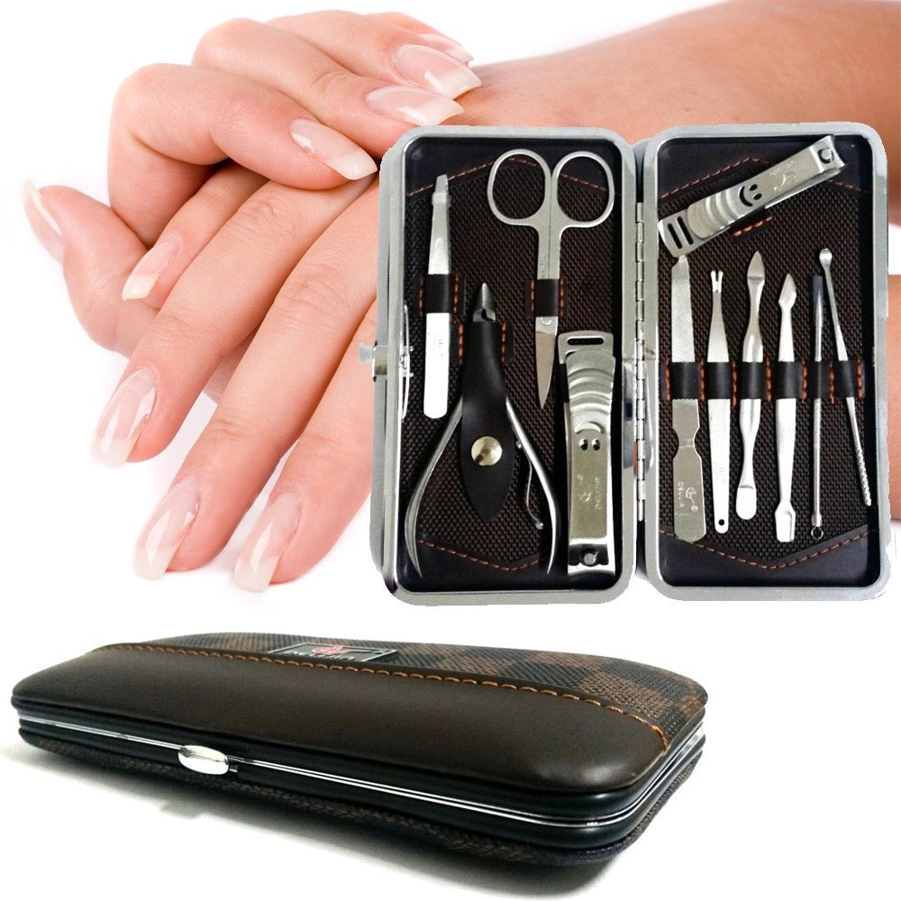 Trade Shop - Kit Professionale Manicure Pedicure Sopracciglia 11 Pezzi In Custodia Ecopelle -