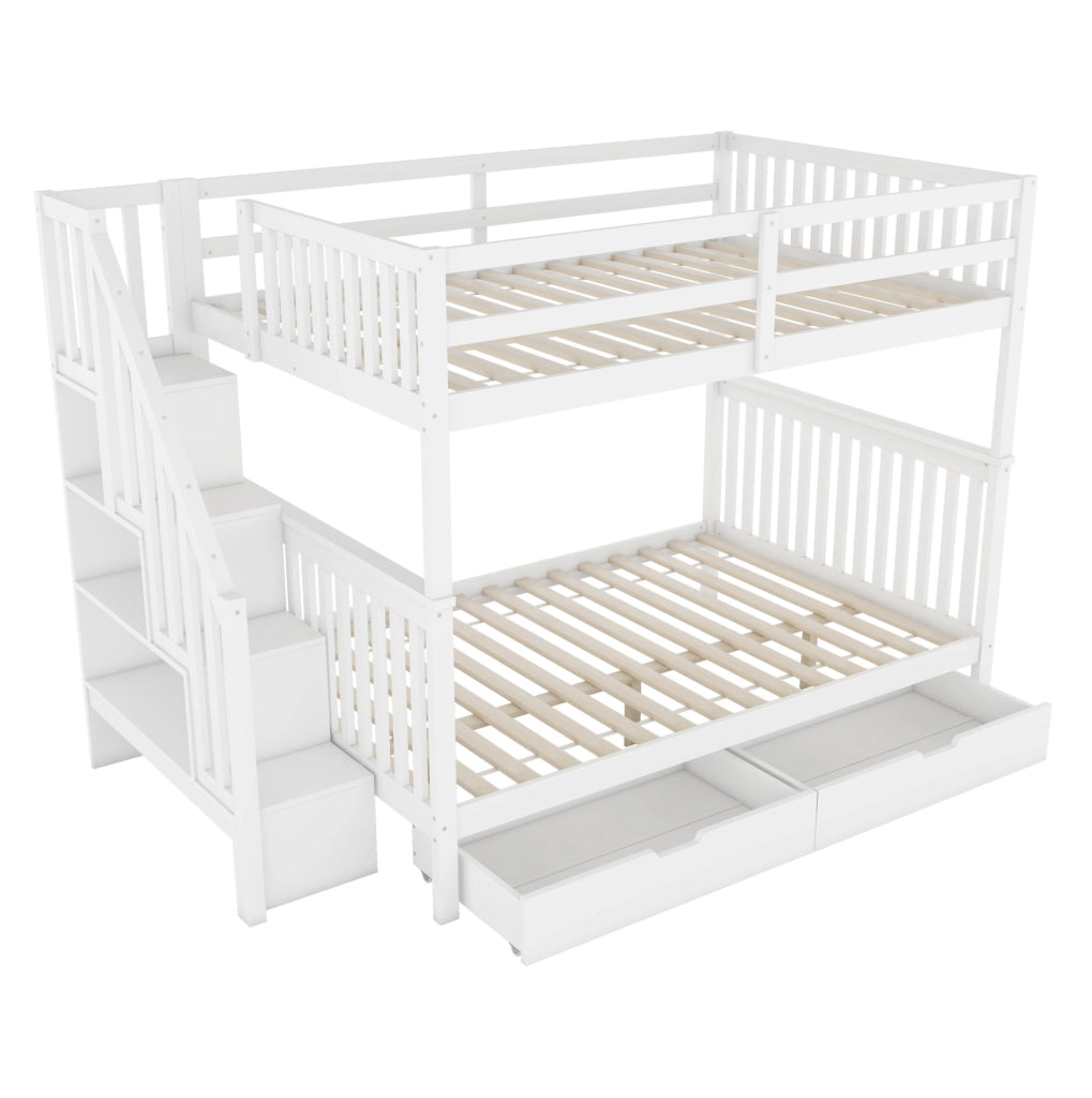 Letto a castello 140x200 cm con scala contenitore; 2 cassetti; in pino e MDF; bianco